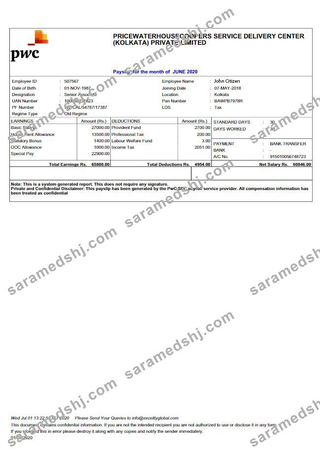 INDIA PRICEWATERHOUSECOOPERS Service Delivery Center (Kolkata) Private limited payslip in Word and PDF formats